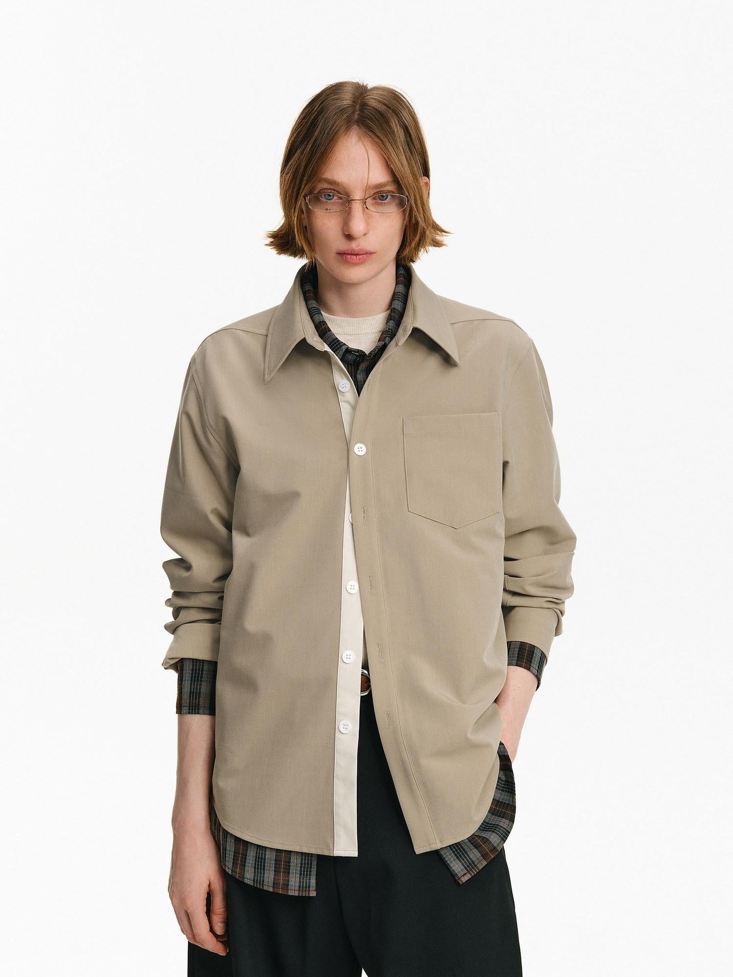 PCLP Breathable Loose Colorblock Button Polo Unisex Patch Pocket Long Sleeve T-Shirt