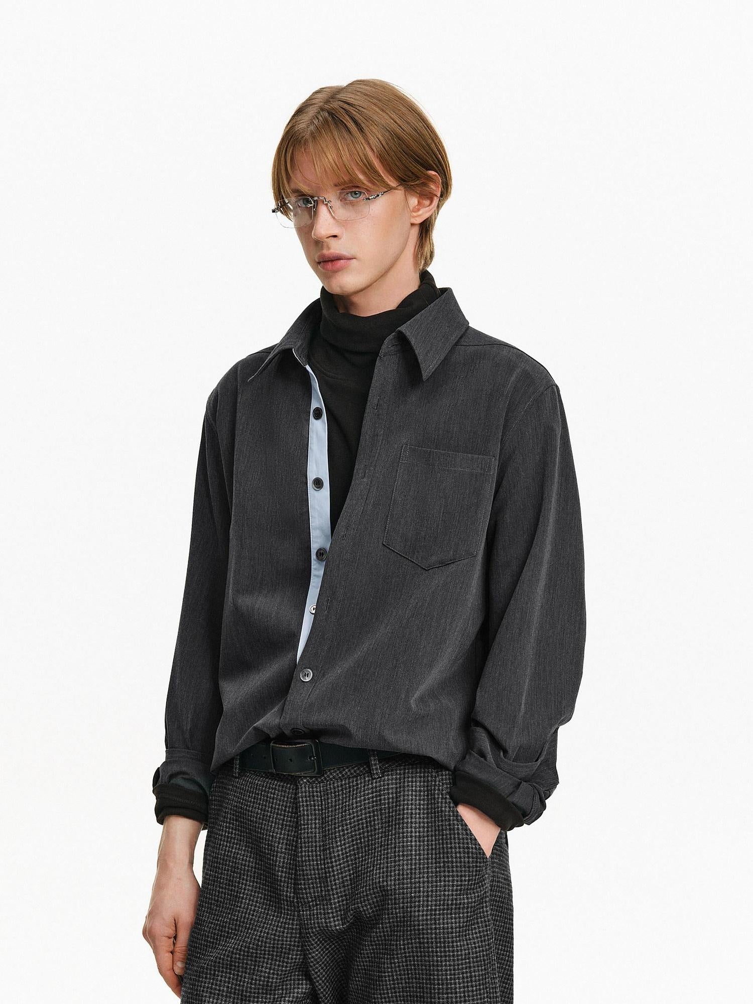 PCLP Breathable Loose Colorblock Button Polo Unisex Patch Pocket Long Sleeve T-Shirt