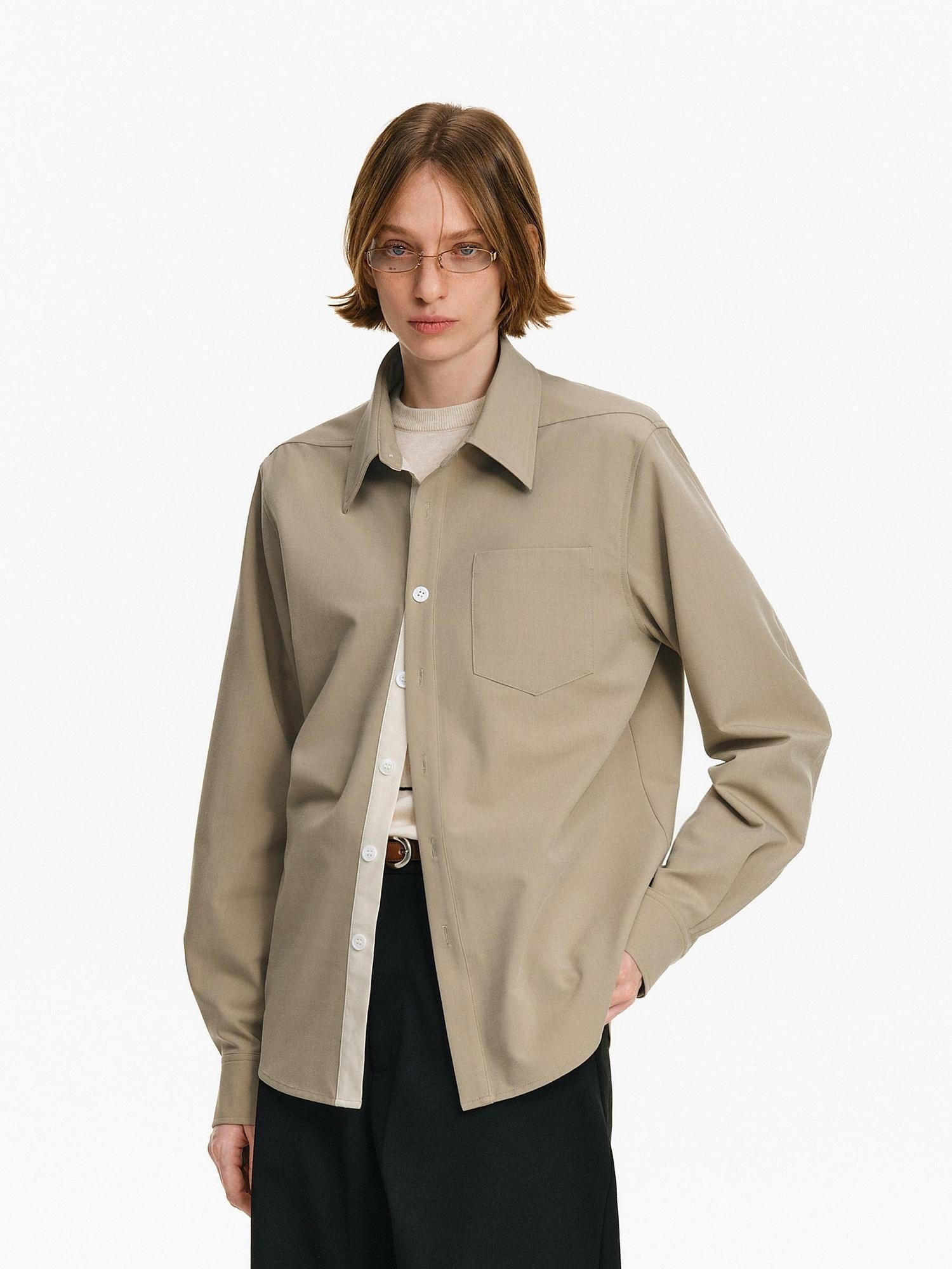 PCLP Breathable Loose Colorblock Button Polo Unisex Patch Pocket Long Sleeve T-Shirt