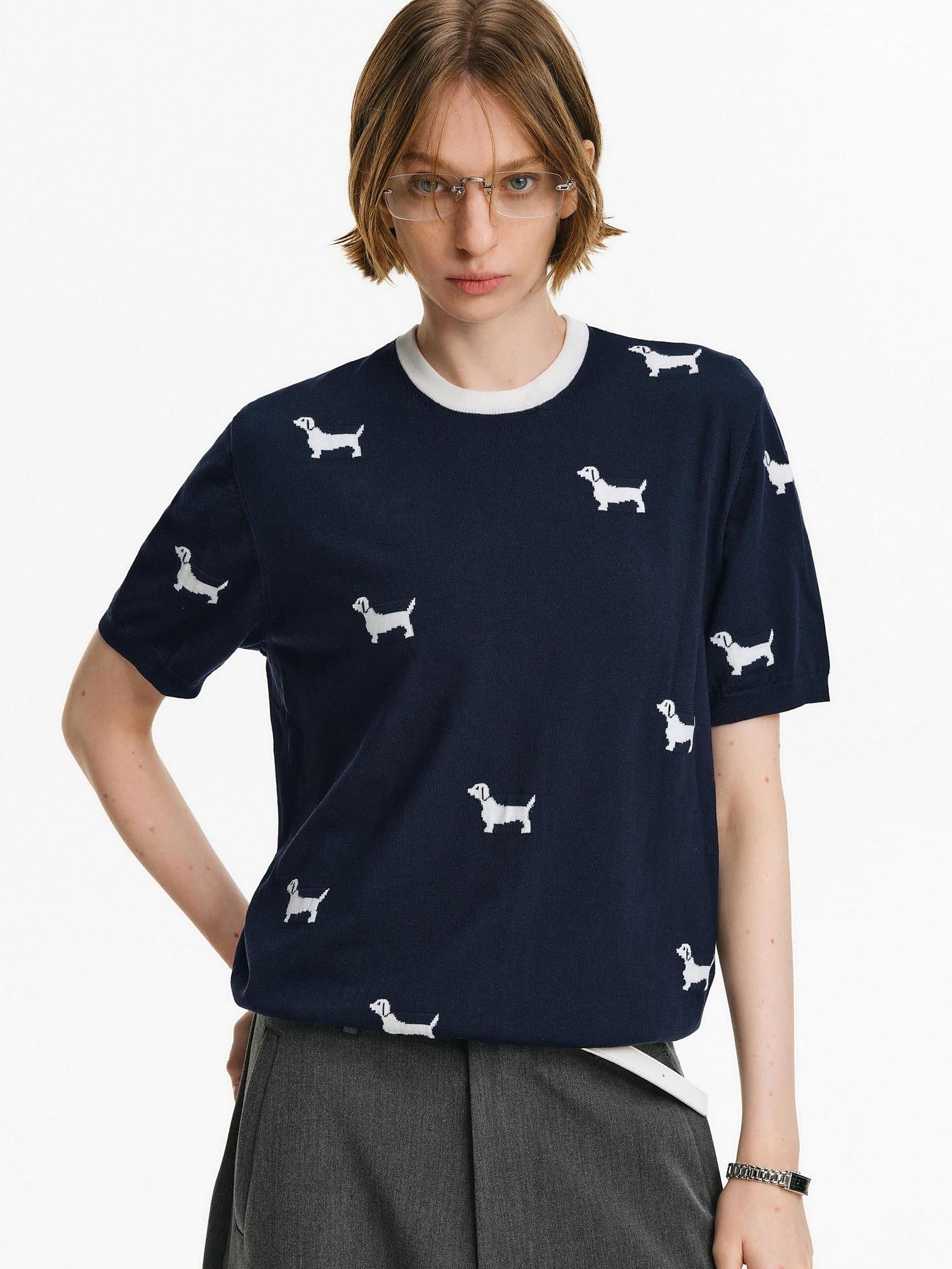 PCLP Breathable Loose Fit Animal Print Heat Transfer Youthful Casual Navy T-Shirt