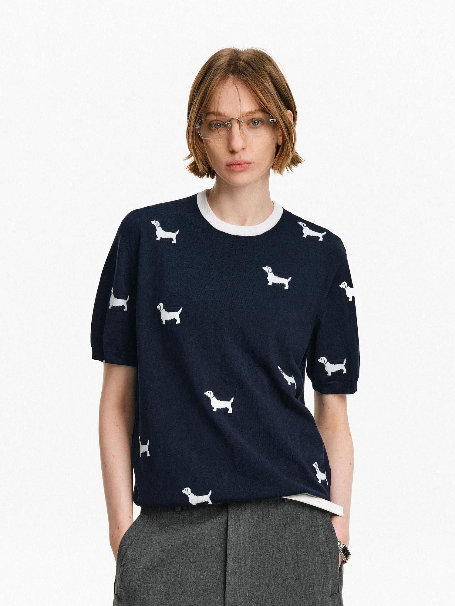 PCLP Breathable Loose Fit Animal Print Heat Transfer Youthful Casual Navy T-Shirt