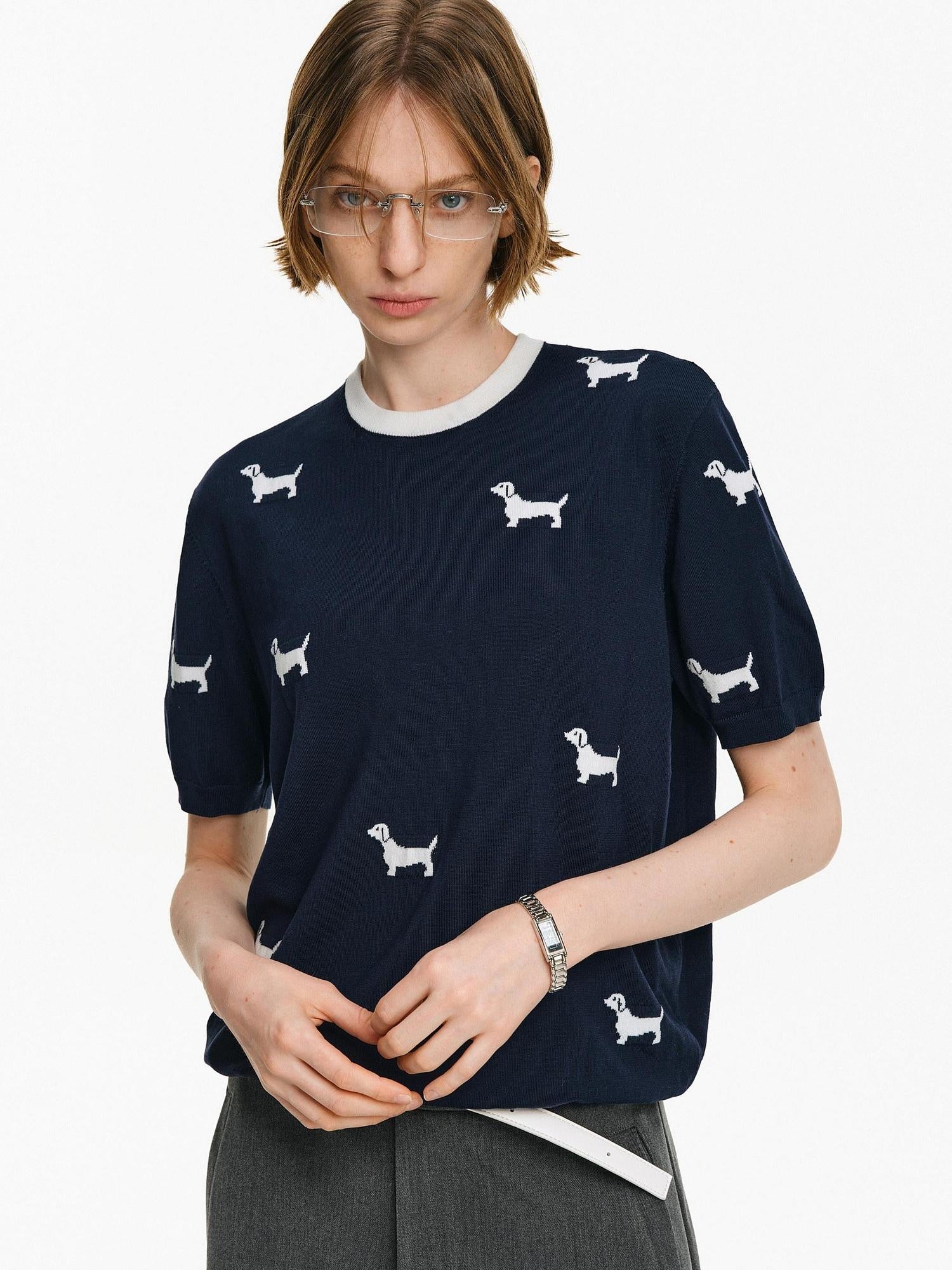 PCLP Breathable Loose Fit Animal Print Heat Transfer Youthful Casual Navy T-Shirt