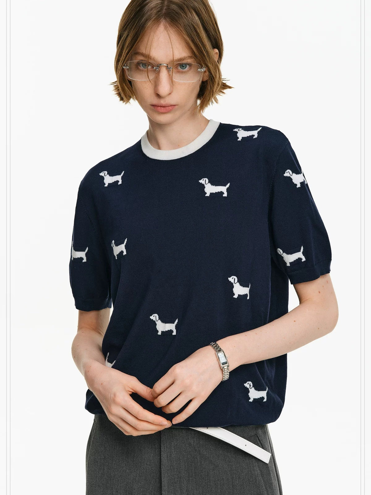 PCLP Breathable Loose Fit Animal Print Heat Transfer Youthful Casual Navy T-Shirt