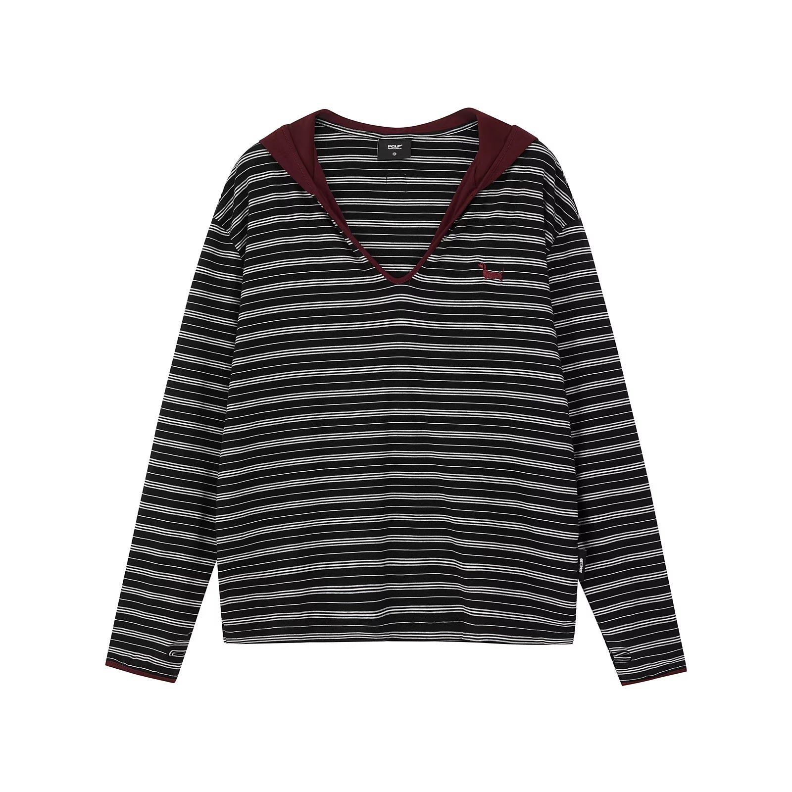 PCLP_Breathable_Loose_Hooded_V_Neck_Longline_Unisex_Geometric_Stripe_T-Shirt_MISSTT