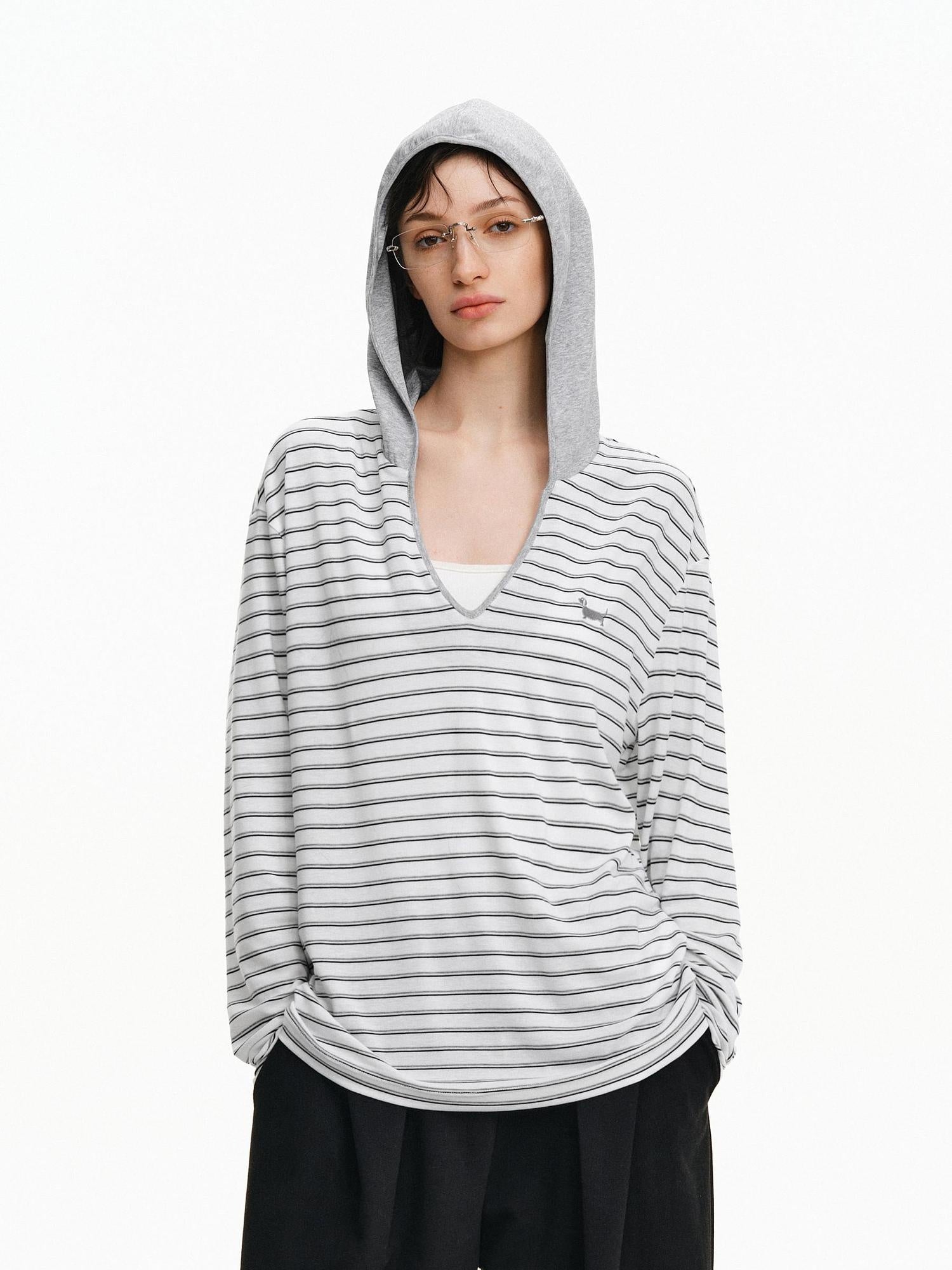 PCLP Breathable Loose Hooded V Neck Longline Unisex Geometric Stripe T-Shirt
