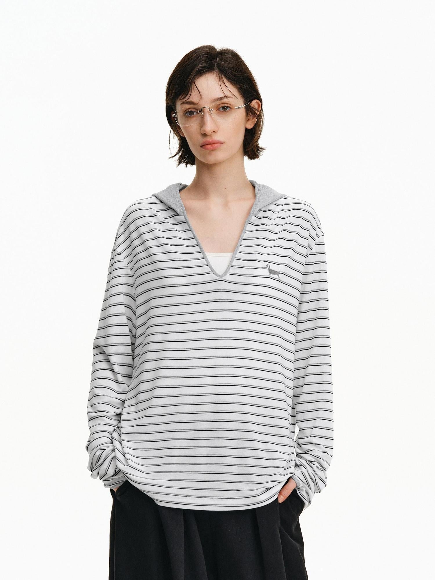 PCLP Breathable Loose Hooded V Neck Longline Unisex Geometric Stripe T-Shirt