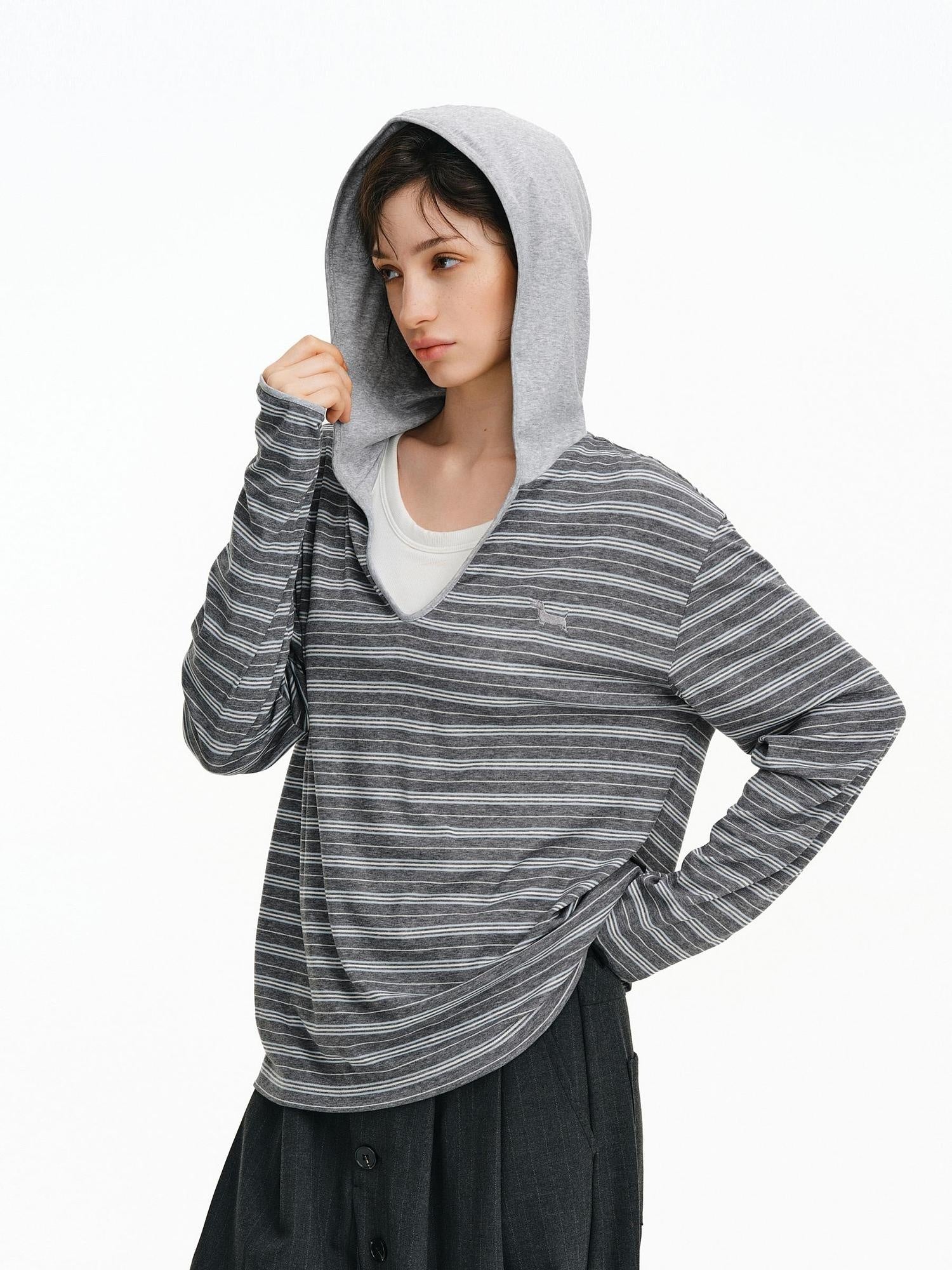 PCLP Breathable Loose Hooded V Neck Longline Unisex Geometric Stripe T-Shirt