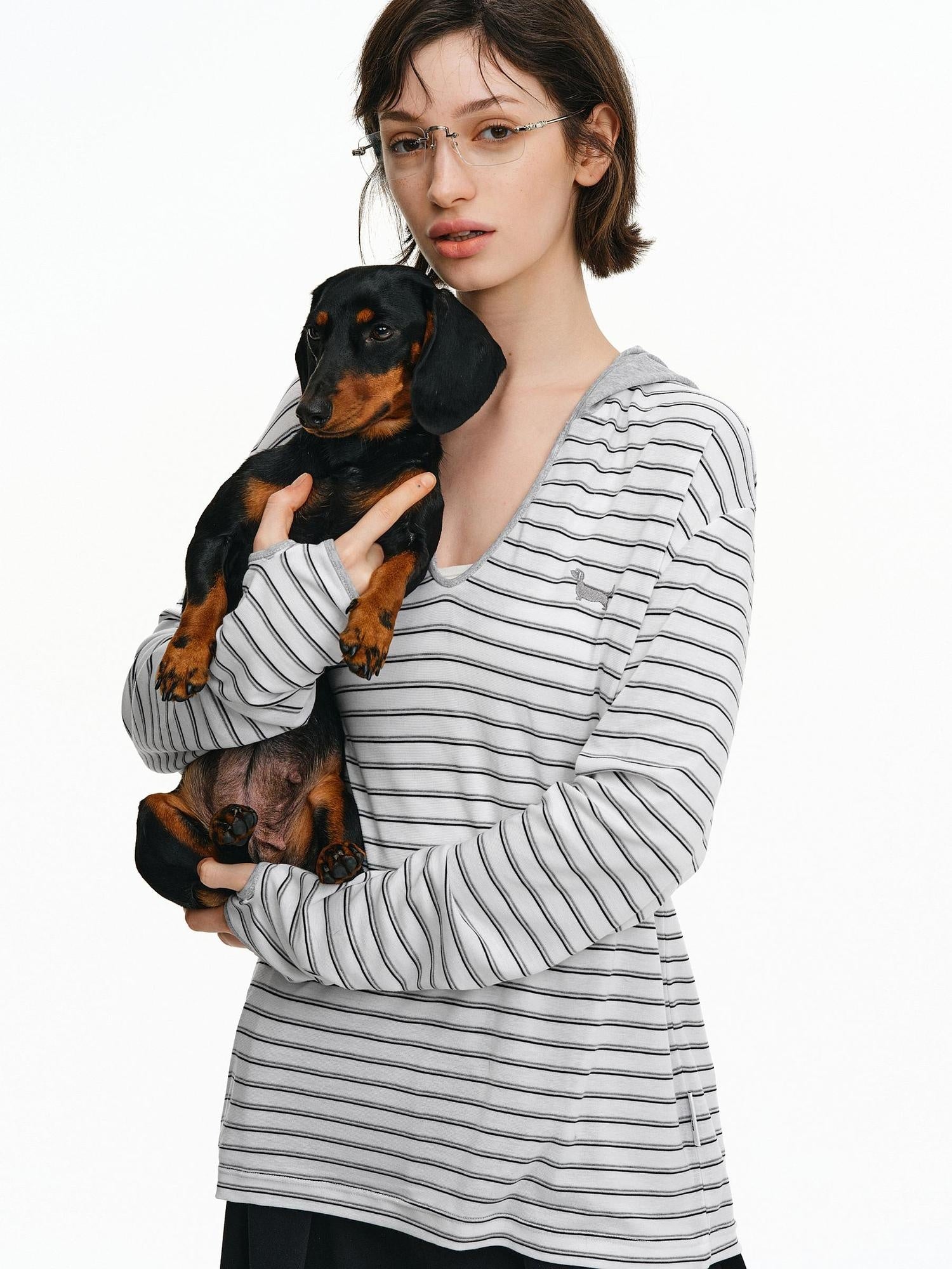 PCLP Breathable Loose Hooded V Neck Longline Unisex Geometric Stripe T-Shirt