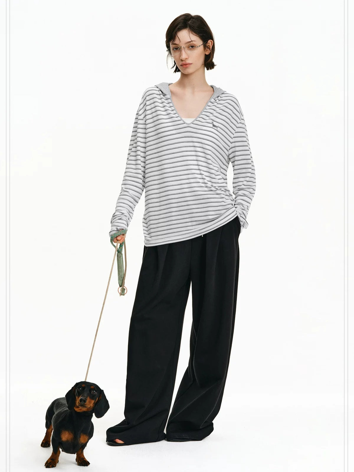 PCLP Breathable Loose Hooded V Neck Longline Unisex Geometric Stripe T-Shirt