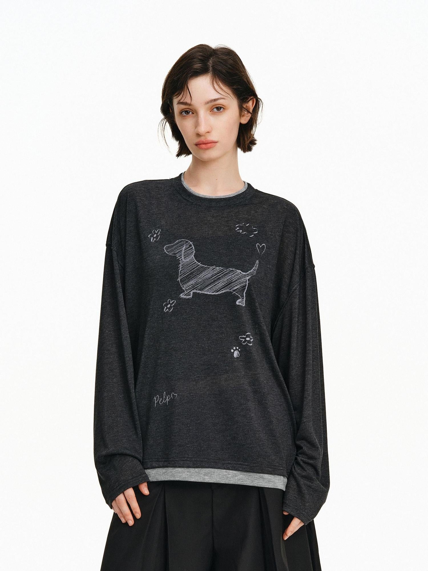 PCLP Breathable Lyocell Animal Print Loose Longline Unisex Crew Long Sleeve T-Shirt