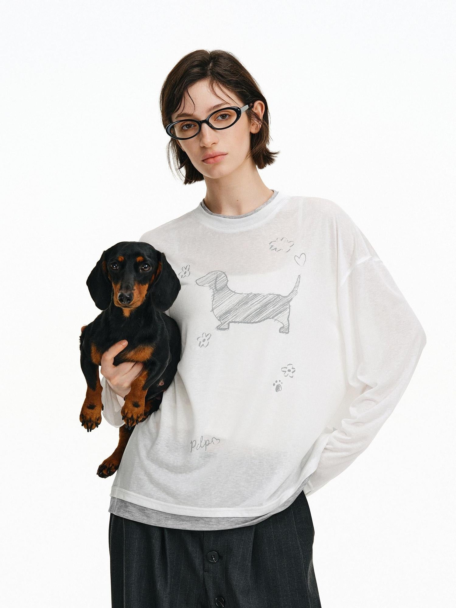 PCLP Breathable Lyocell Animal Print Loose Longline Unisex Crew Long Sleeve T-Shirt