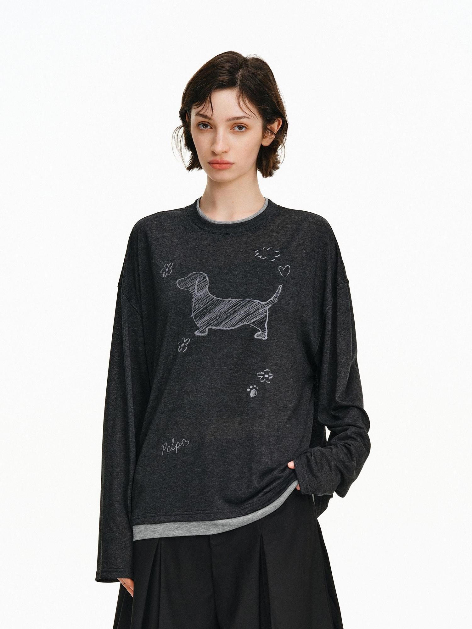 PCLP Breathable Lyocell Animal Print Loose Longline Unisex Crew Long Sleeve T-Shirt