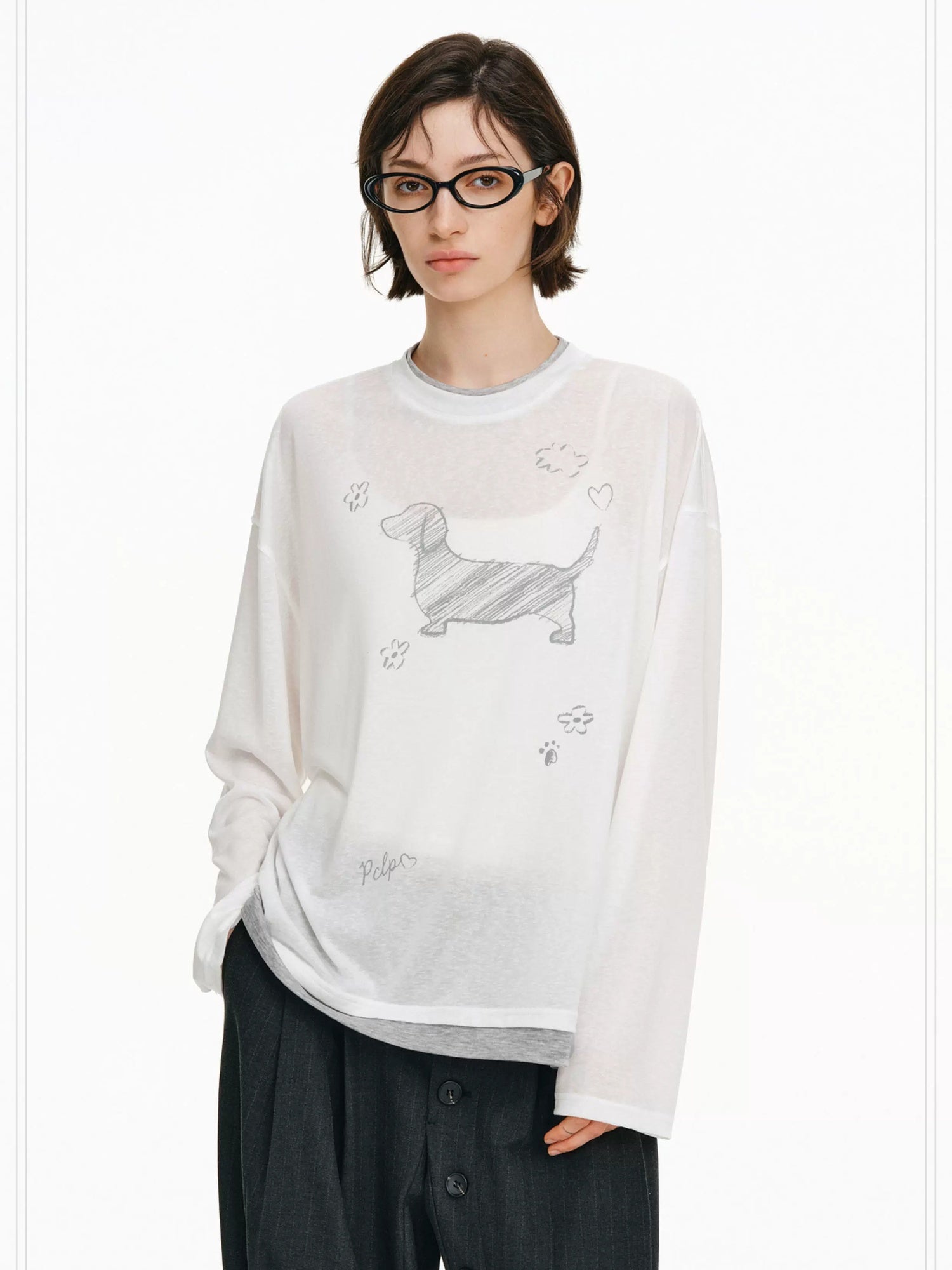 PCLP Breathable Lyocell Animal Print Loose Longline Unisex Crew Long Sleeve T-Shirt