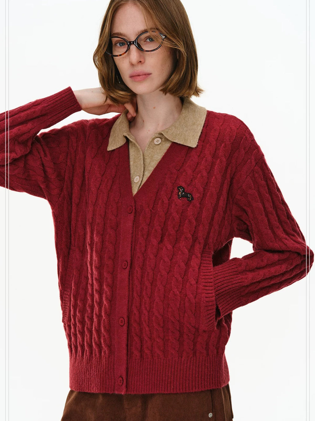 PCLP Button Front Polo Collar Layered Look Double Knit Thick Unisex Daily Sweater
