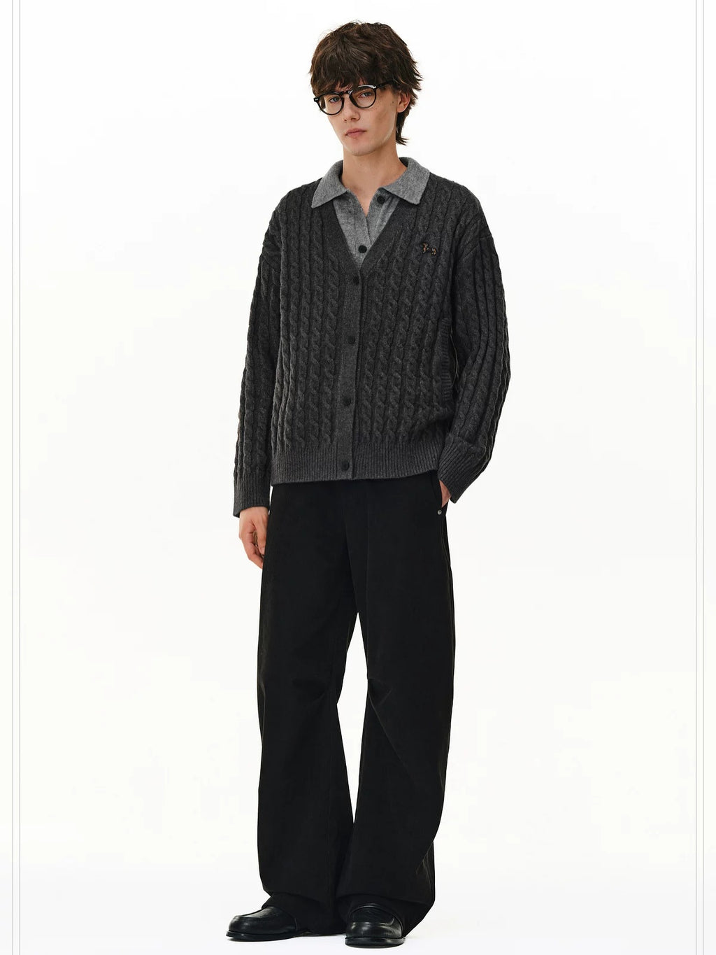 PCLP Button Front Polo Collar Layered Look Double Knit Thick Unisex Daily Sweater