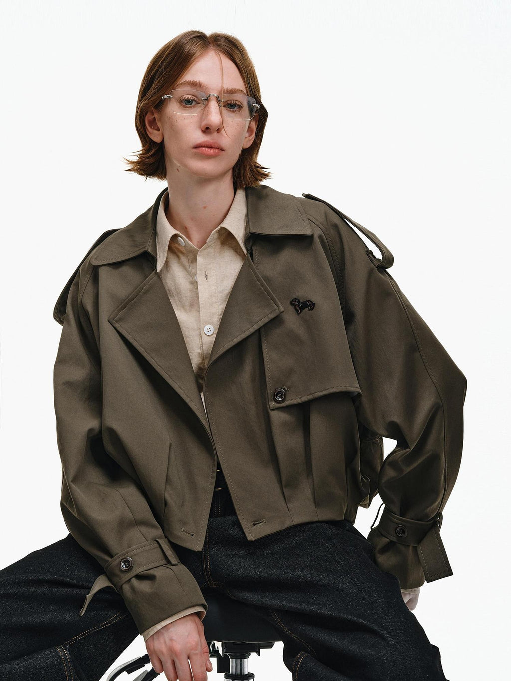 PCLP Contrast Plaid Design Loose Fit Commuter Women Polyester Army Green Jacket