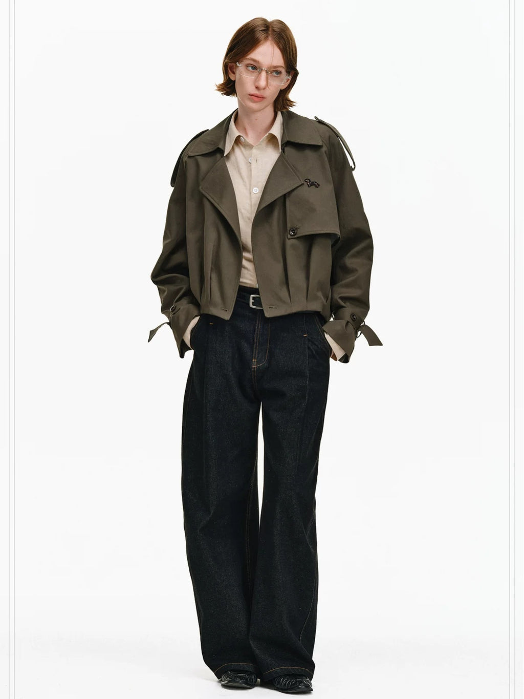PCLP Contrast Plaid Design Loose Fit Commuter Women Polyester Army Green Jacket