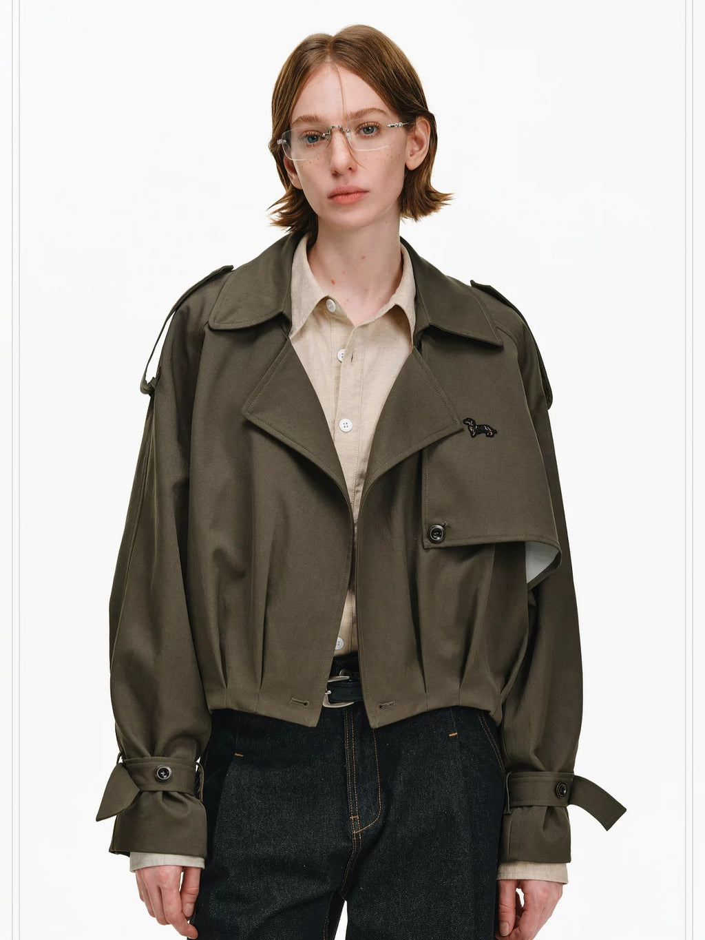 PCLP Contrast Plaid Design Loose Fit Commuter Women Polyester Army Green Jacket