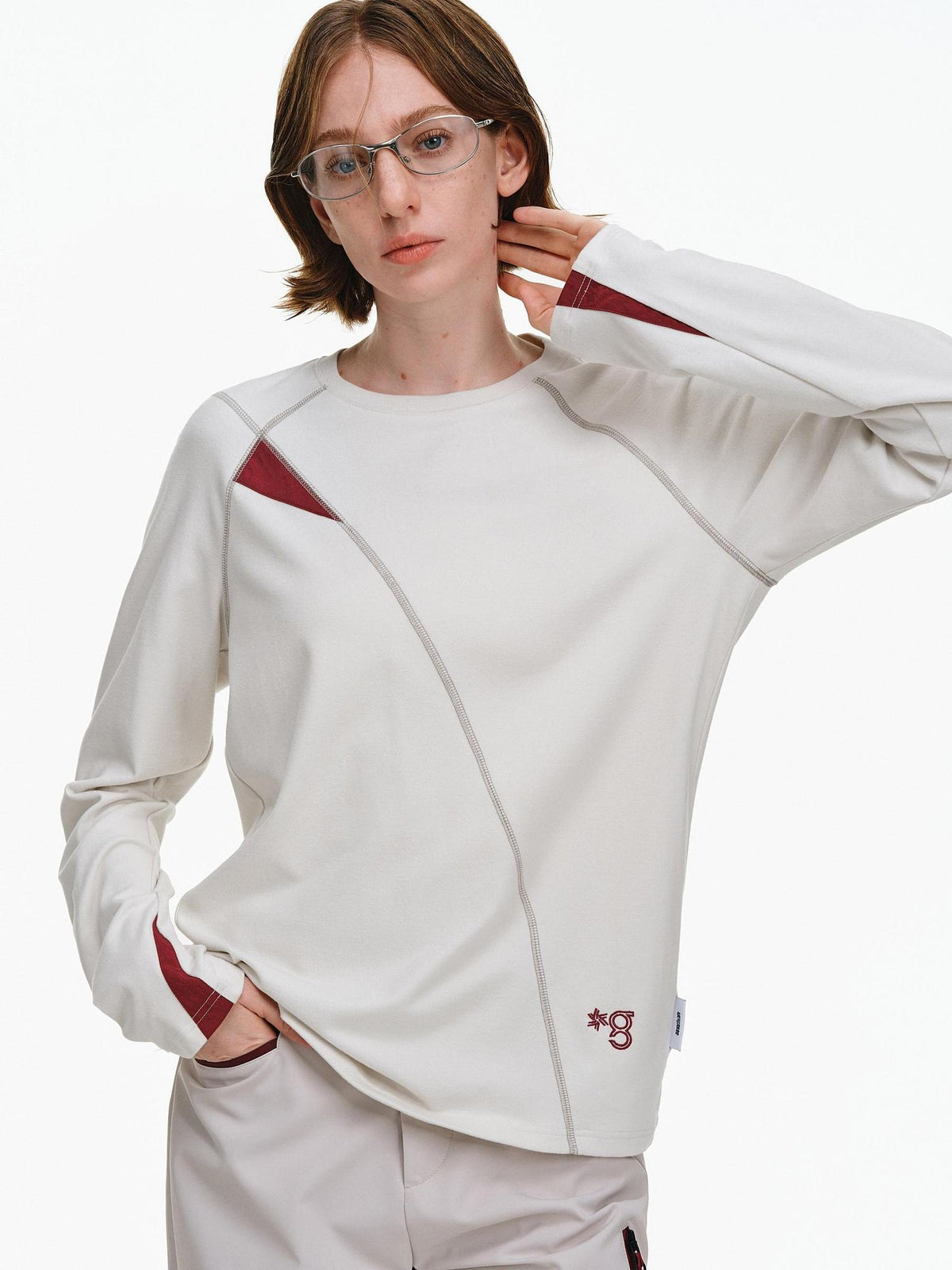 PCLP Cotton Modal Blend Loose Long Sleeve Crewneck Unisex Geometric T-Shirt