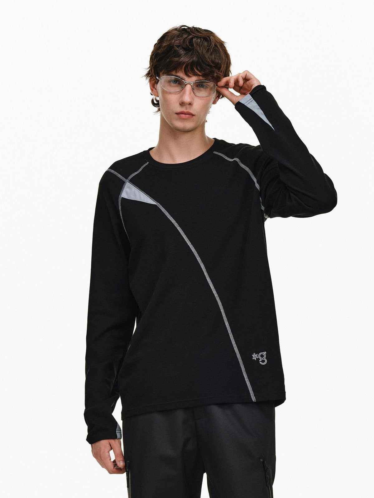PCLP Cotton Modal Blend Loose Long Sleeve Crewneck Unisex Geometric T-Shirt