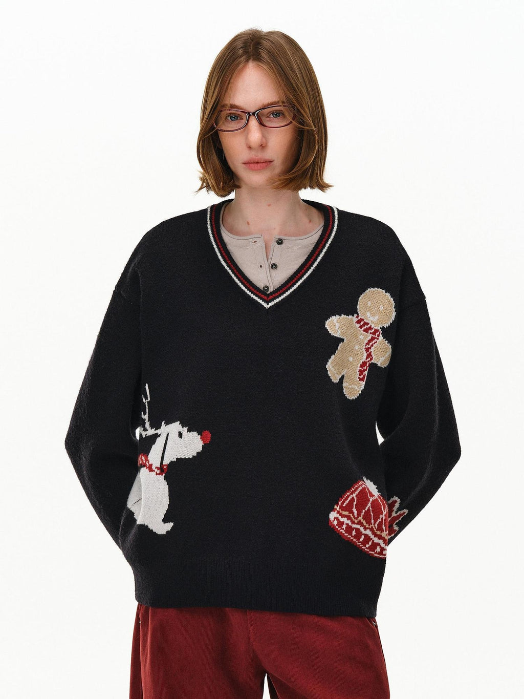 PCLP Cozy Thick V Neck Patchwork Knit Pullover Unisex Everyday Viscose Blend Sweater