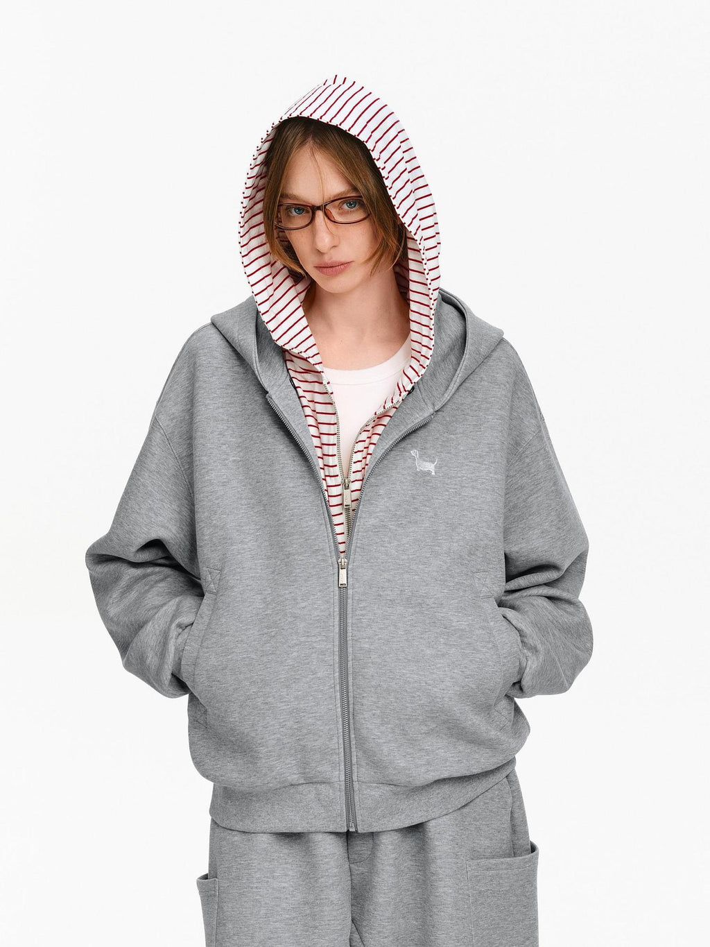 PCLP Detachable Hood Embroidered Loose Fit Mid Length Unisex Cotton Blend Zip Jacket