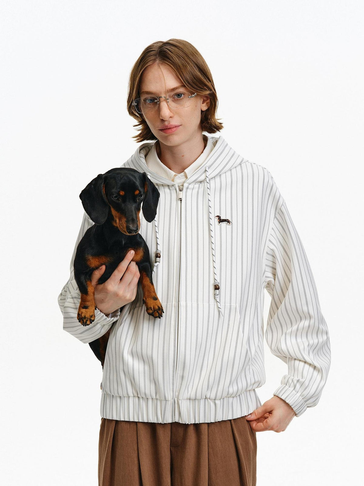 PCLP Embroidered Hooded Zip Striped Casual Unisex Kangaroo Pocket Jacket