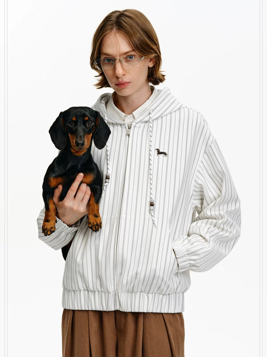 PCLP Embroidered Hooded Zip Striped Casual Unisex Kangaroo Pocket Jacket
