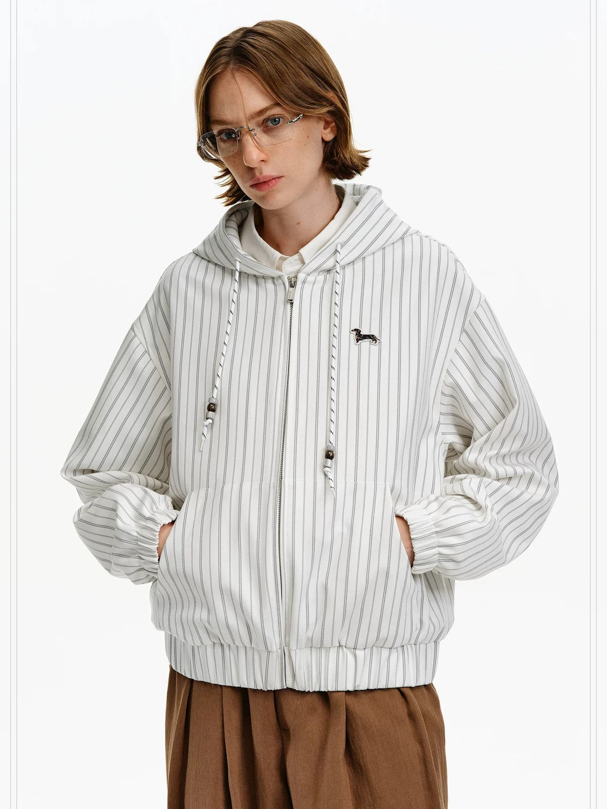 PCLP Embroidered Hooded Zip Striped Casual Unisex Kangaroo Pocket Jacket
