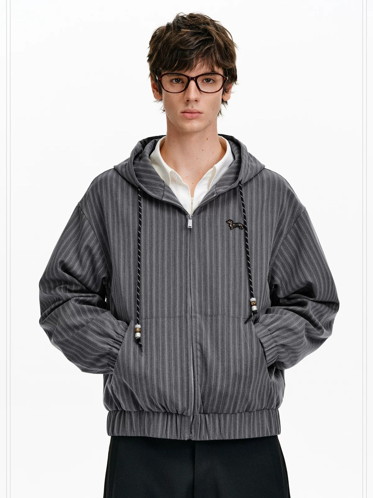PCLP Embroidered Hooded Zip Striped Casual Unisex Kangaroo Pocket Jacket