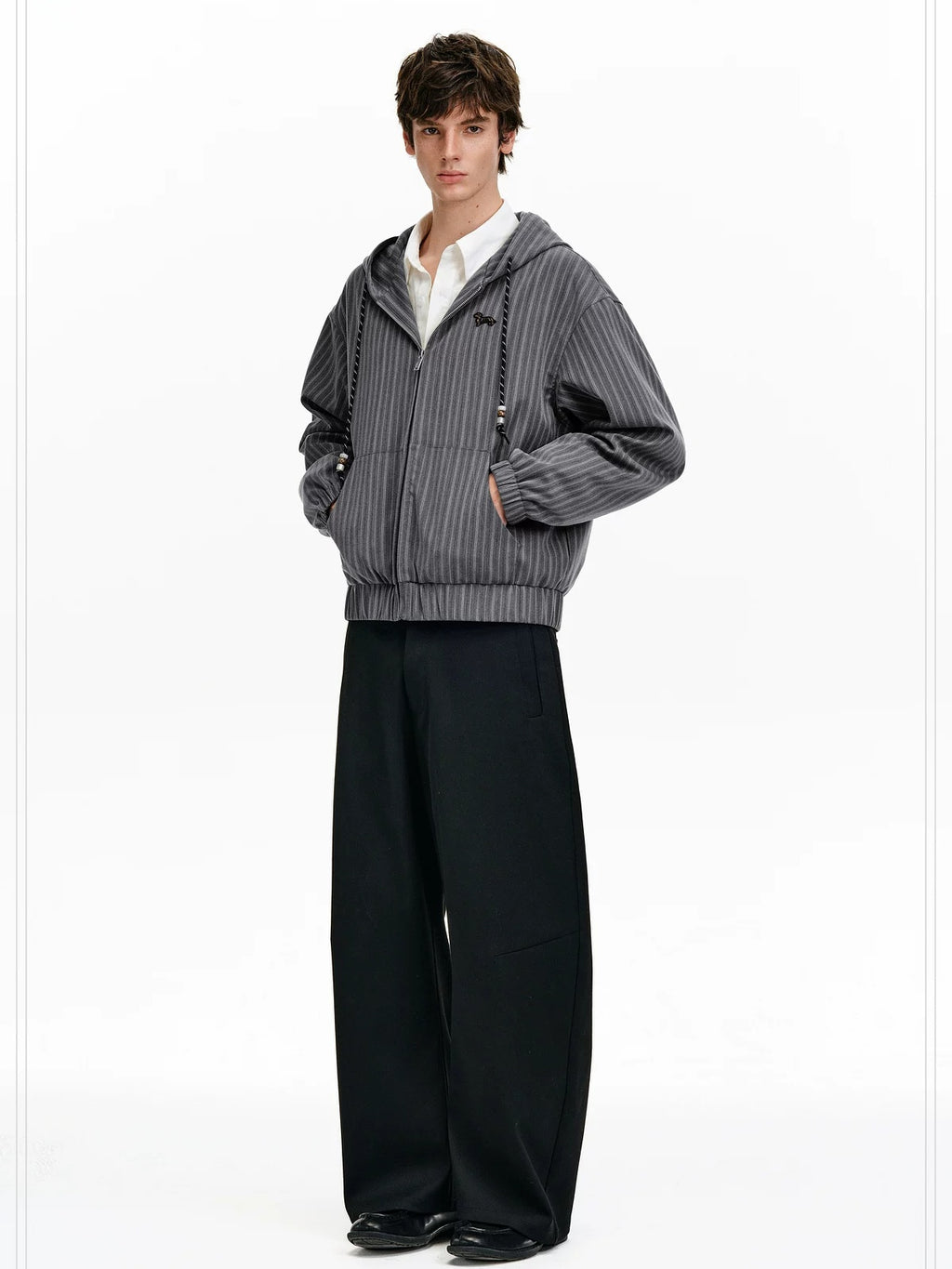 PCLP Embroidered Hooded Zip Striped Casual Unisex Kangaroo Pocket Jacket