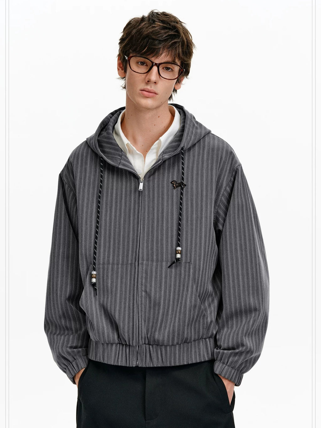 PCLP Embroidered Hooded Zip Striped Casual Unisex Kangaroo Pocket Jacket