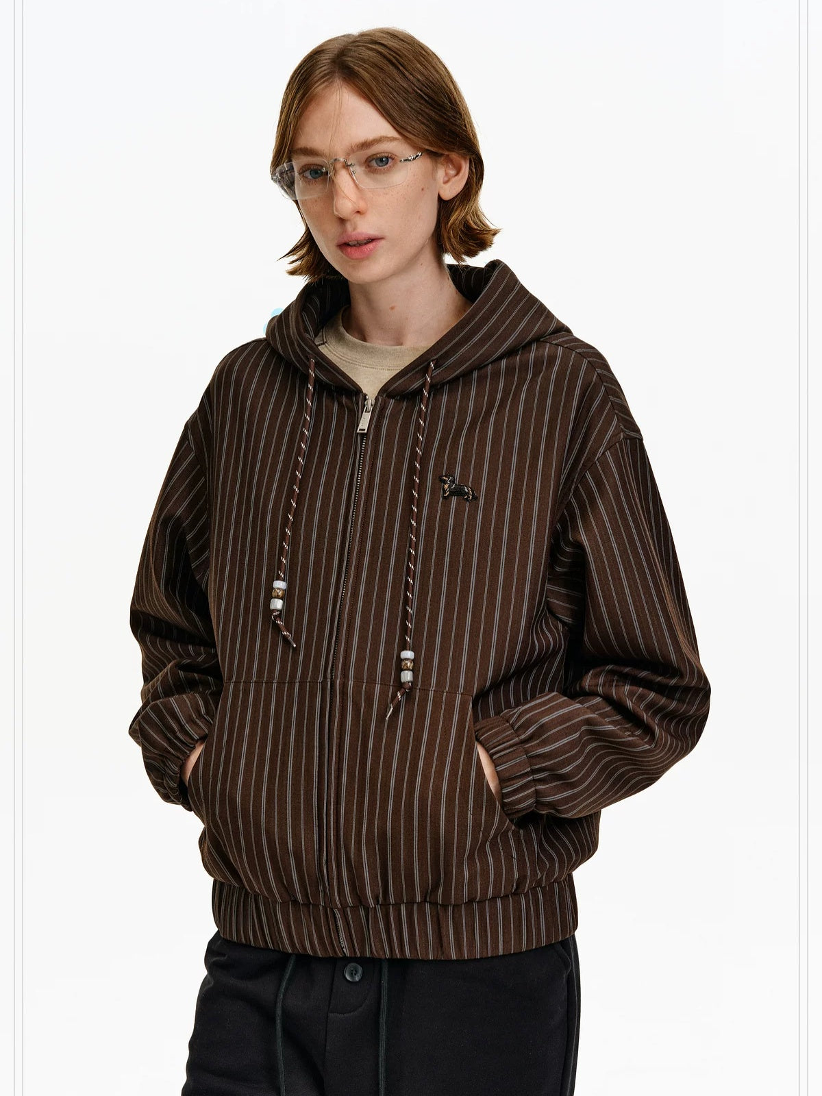 PCLP Embroidered Hooded Zip Striped Casual Unisex Kangaroo Pocket Jacket