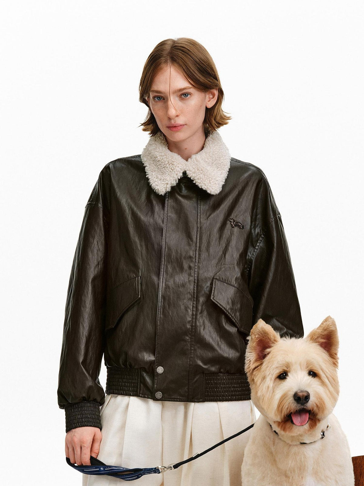PCLP Embroidered Pu Windproof Loose Fit Unisex Polo Collar Zipper Jacket