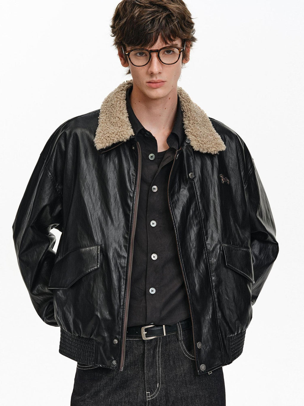 PCLP Embroidered Pu Windproof Loose Fit Unisex Polo Collar Zipper Jacket