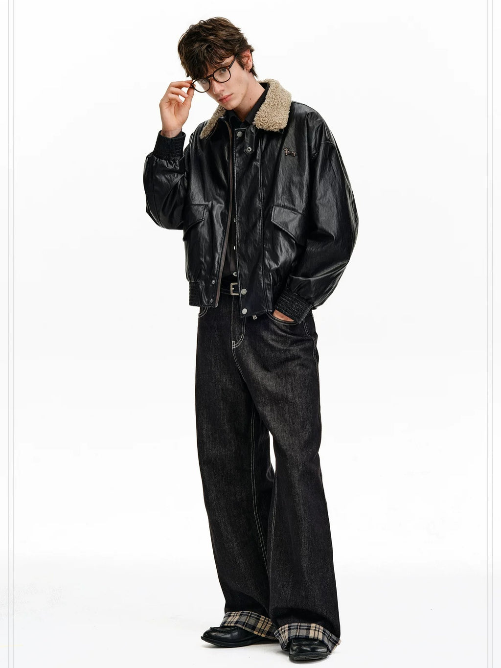 PCLP Embroidered Pu Windproof Loose Fit Unisex Polo Collar Zipper Jacket