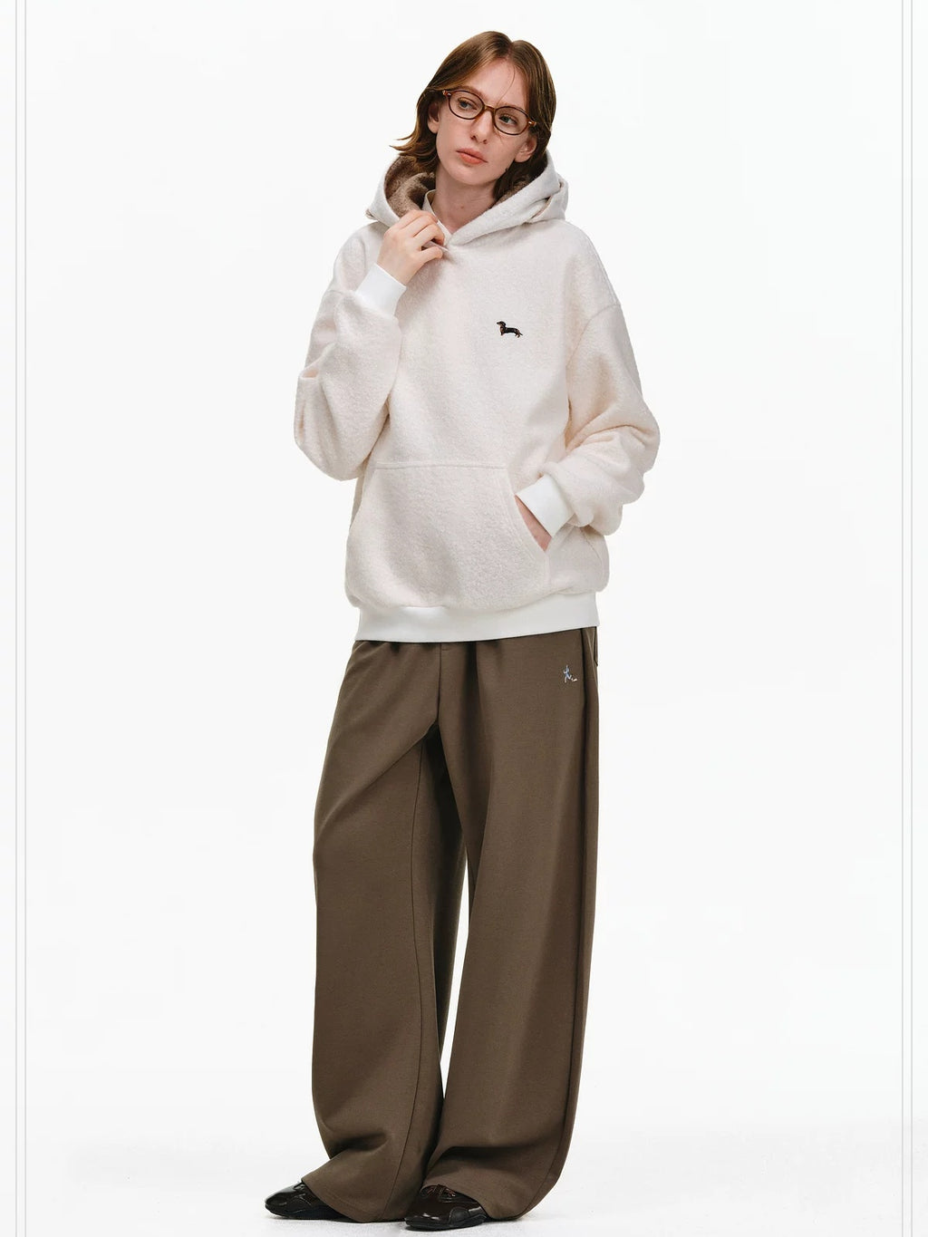 PCLP Embroidered Straight Leg Elastic Waist Women Casual Cotton Blend Pants