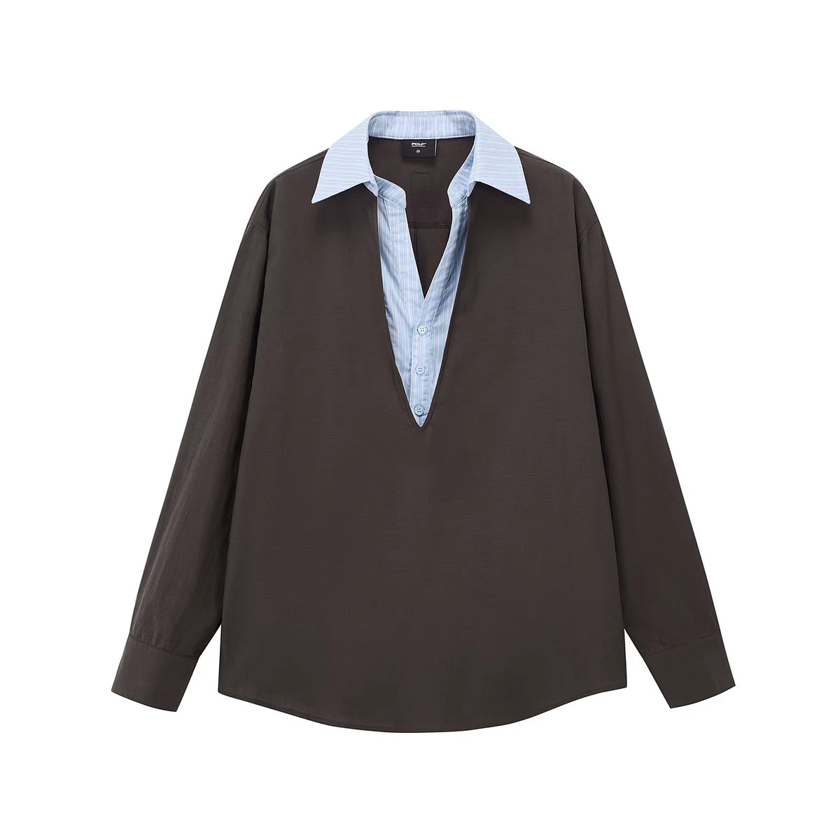 PCLP_Lyocell_Blend_Loose_Faux_Two_Piece_Contrast_V_Neck_Striped_Long_Sleeve_T-Shirt_MISSTT