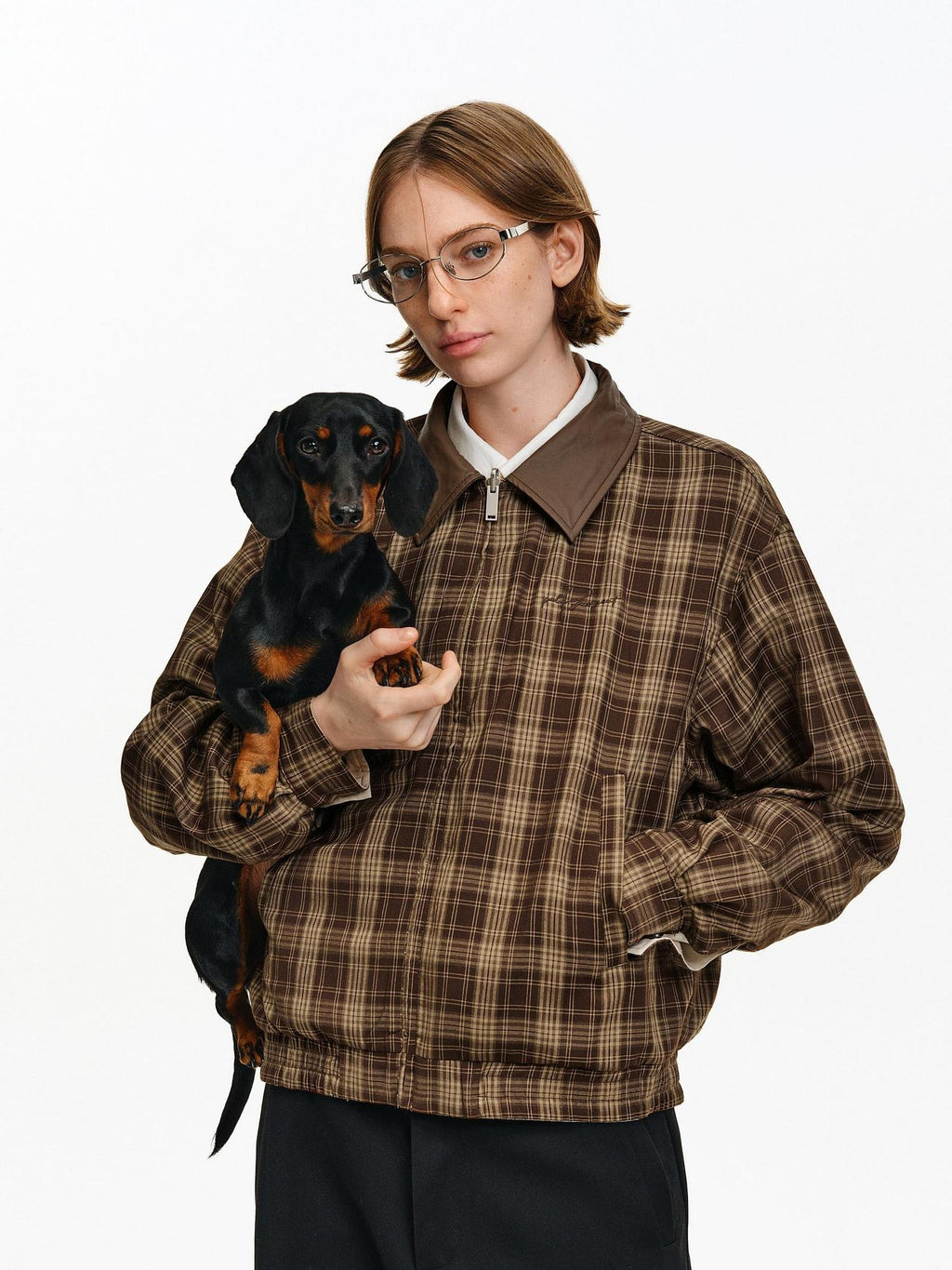 PCLP Reversible Embroidered Loose Cropped Polo Collar Unisex Plaid Jacket