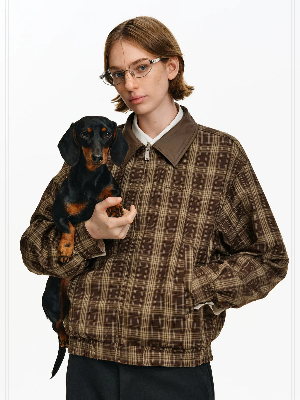PCLP Reversible Embroidered Loose Cropped Polo Collar Unisex Plaid Jacket