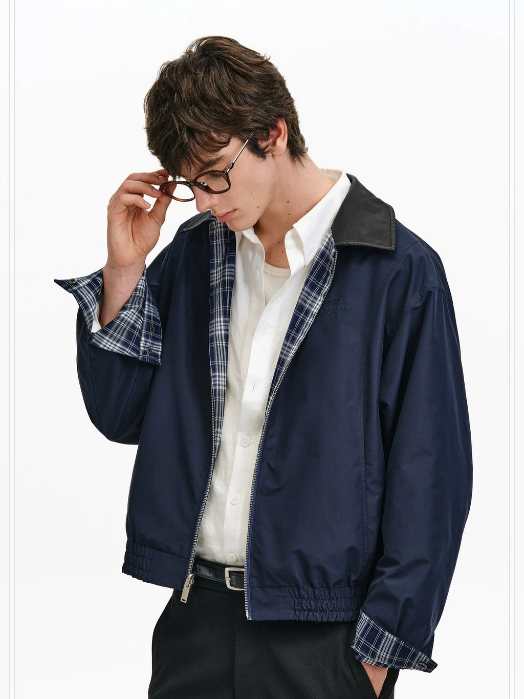 PCLP Reversible Embroidered Loose Cropped Polo Collar Unisex Plaid Jacket