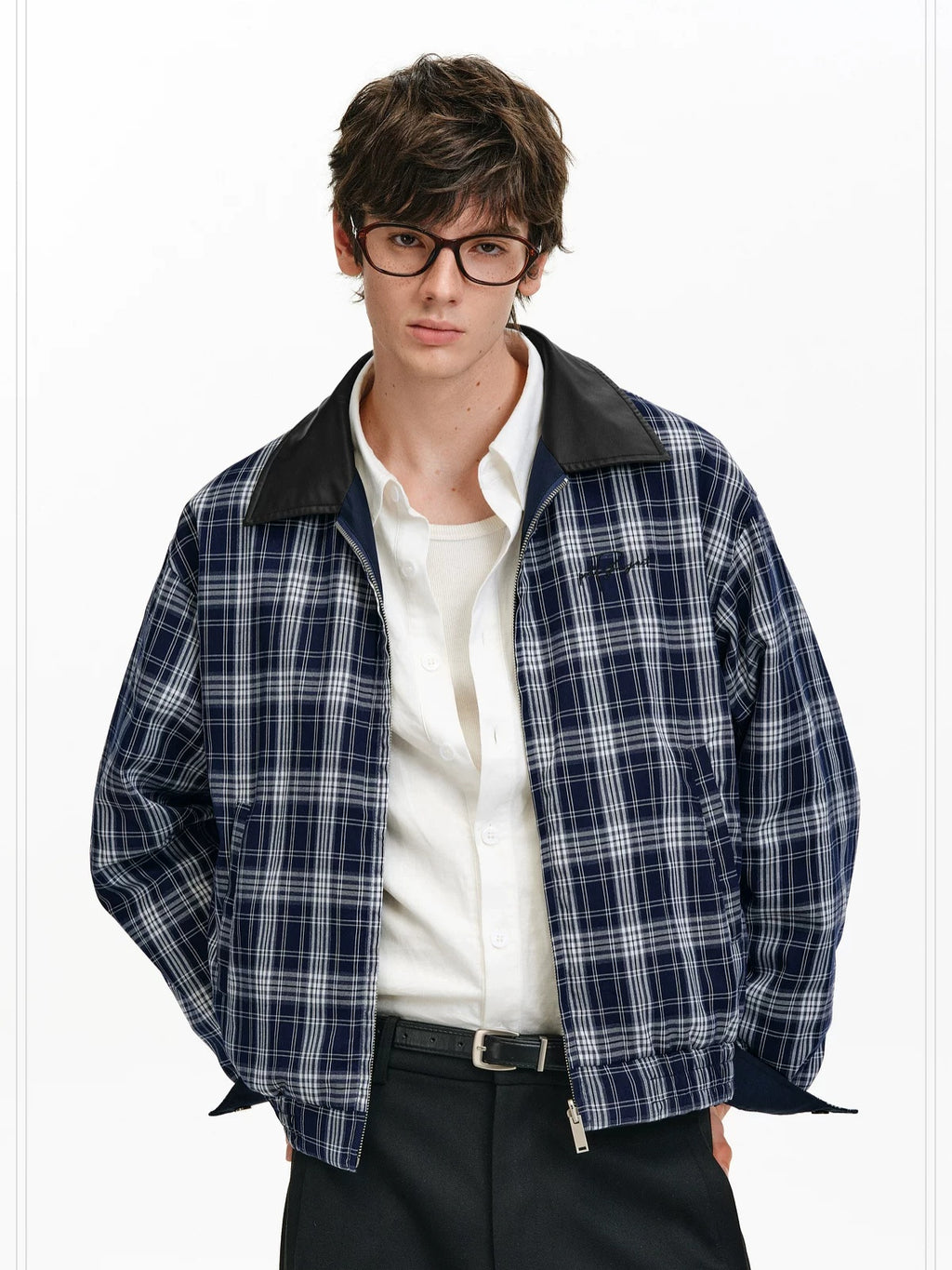 PCLP Reversible Embroidered Loose Cropped Polo Collar Unisex Plaid Jacket