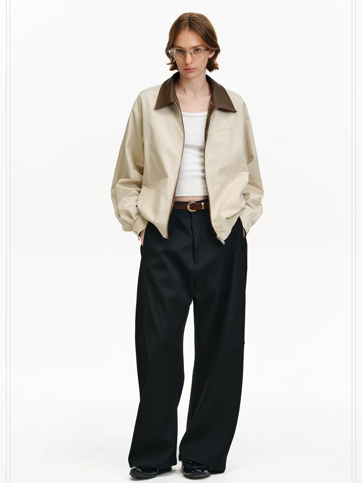 PCLP Reversible Embroidered Loose Cropped Polo Collar Unisex Plaid Jacket