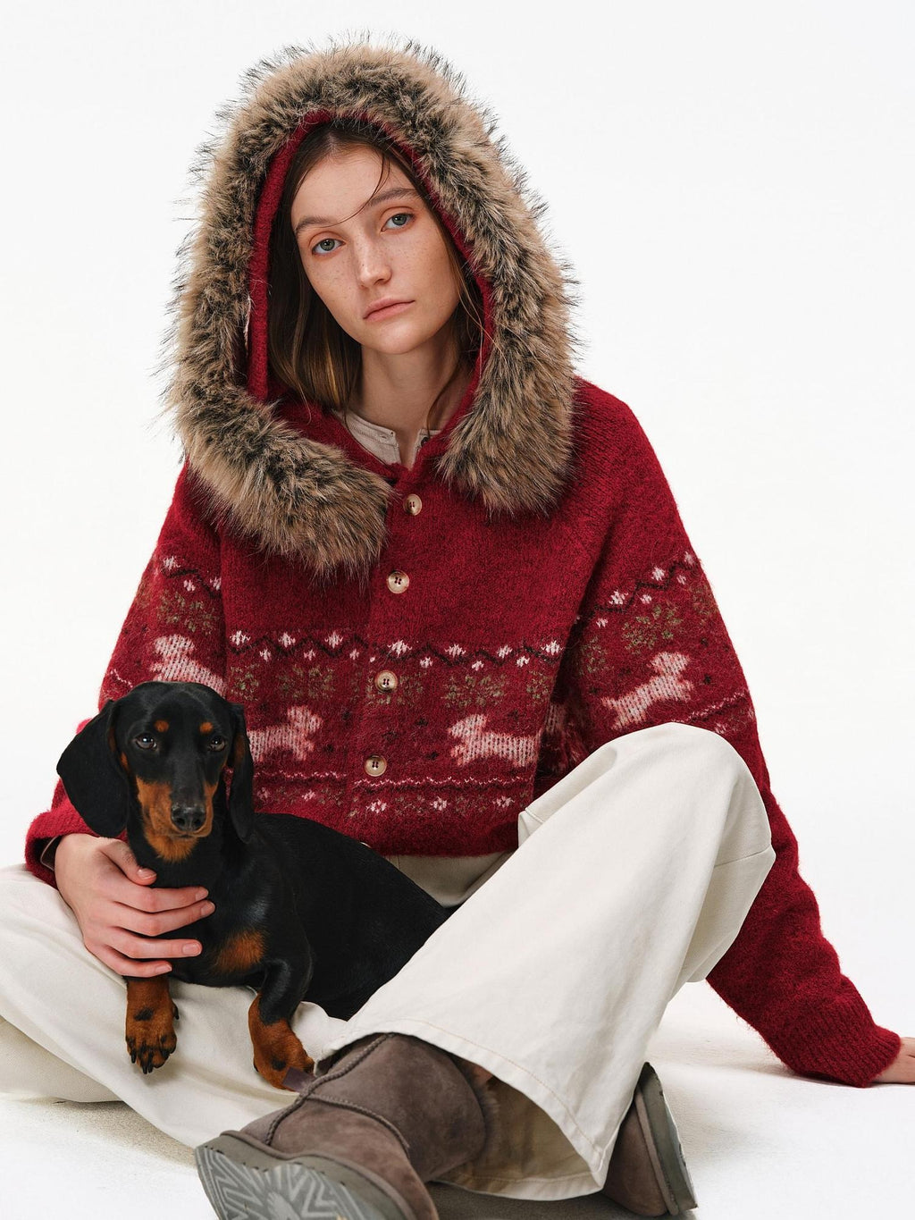PCLP Reversible Wool Blend Hooded Button Cardigan Tail Hem Unisex Daily Knit Sweater