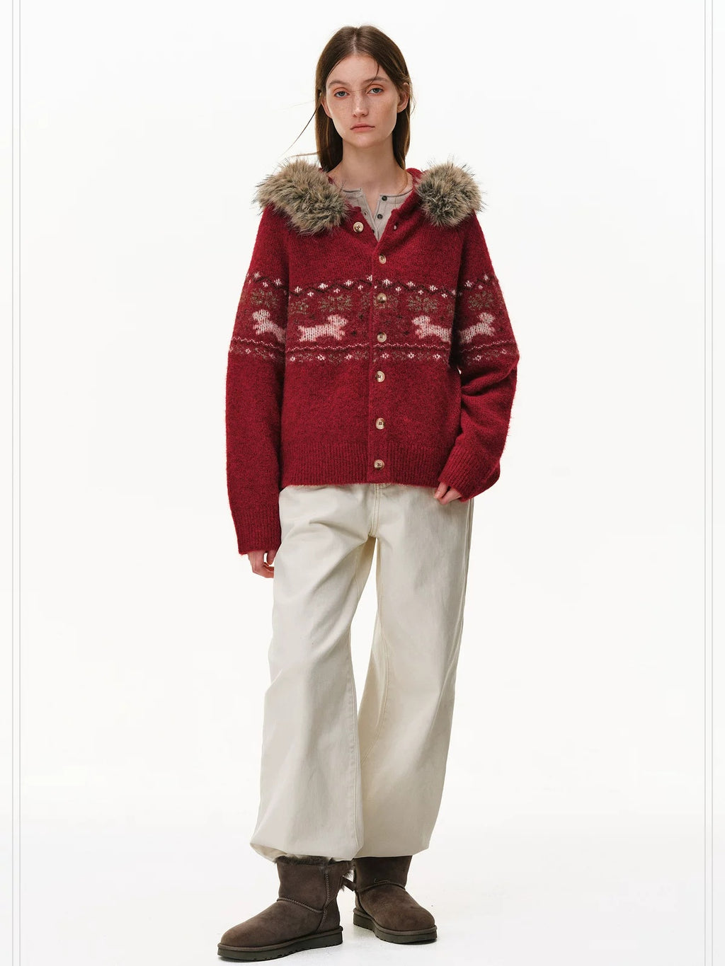 PCLP Reversible Wool Blend Hooded Button Cardigan Tail Hem Unisex Daily Knit Sweater