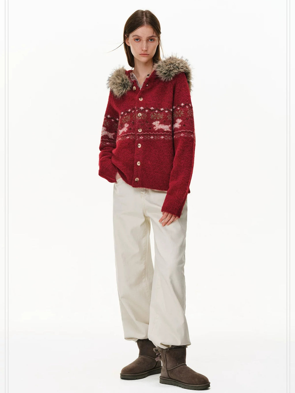 PCLP Reversible Wool Blend Hooded Button Cardigan Tail Hem Unisex Daily Knit Sweater
