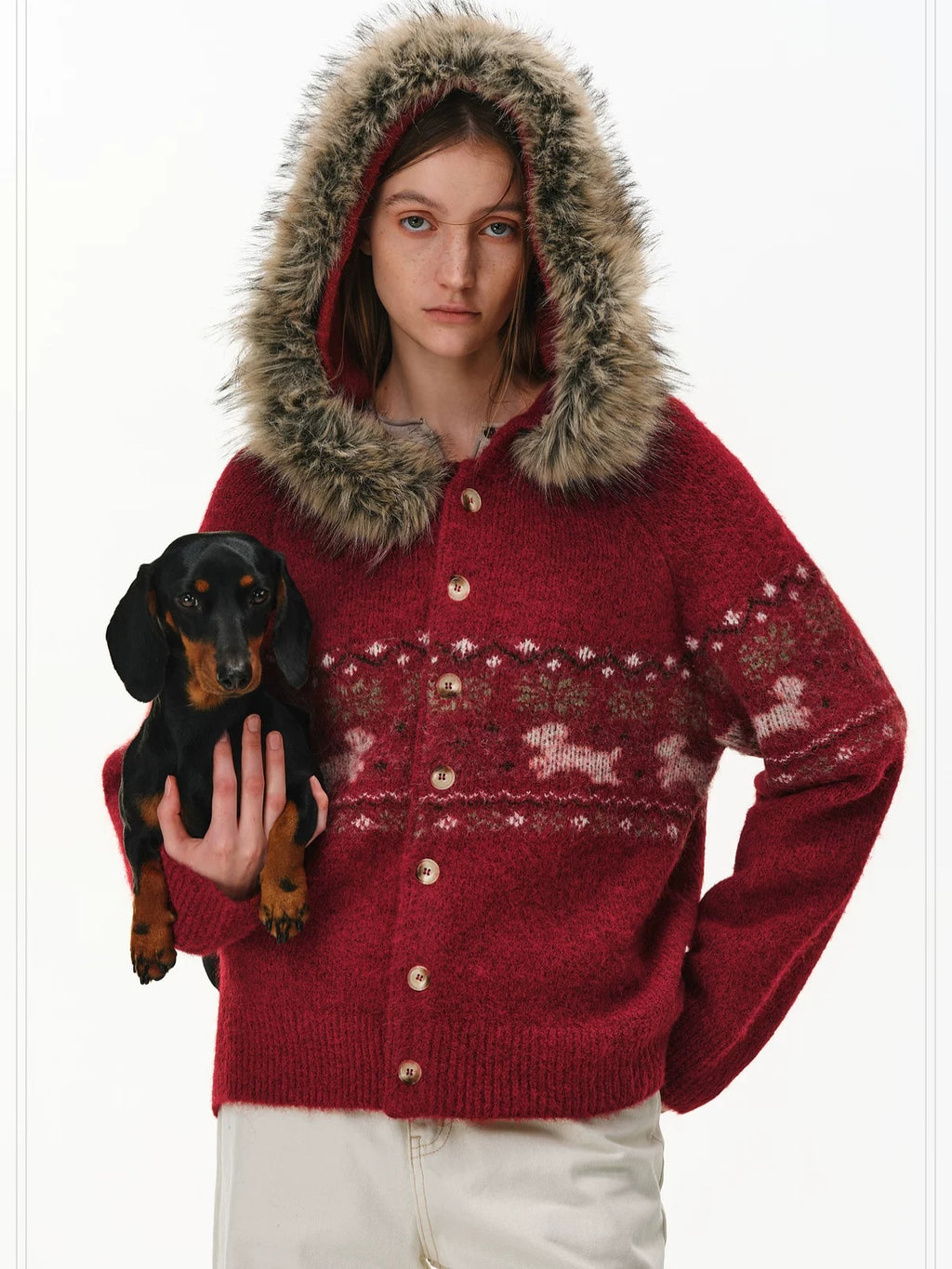 PCLP Reversible Wool Blend Hooded Button Cardigan Tail Hem Unisex Daily Knit Sweater