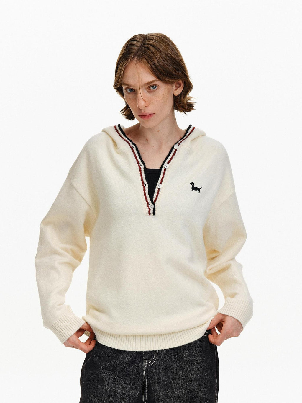 PCLP Soft Breathable Button V Neck Colorblock Hooded Midlength Unisex Knit Sweater