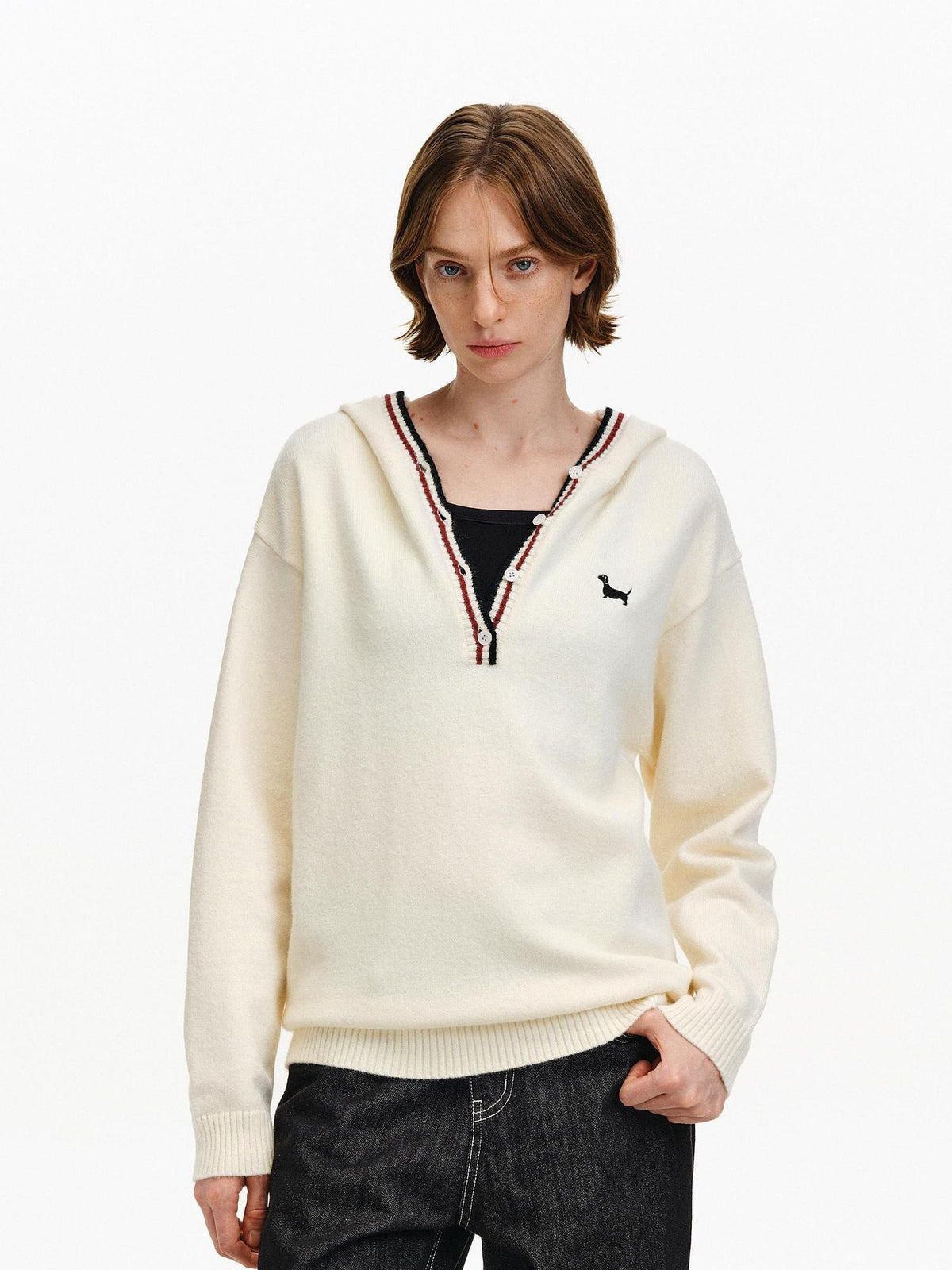 PCLP Soft Breathable Button V Neck Colorblock Hooded Midlength Unisex Knit Sweater