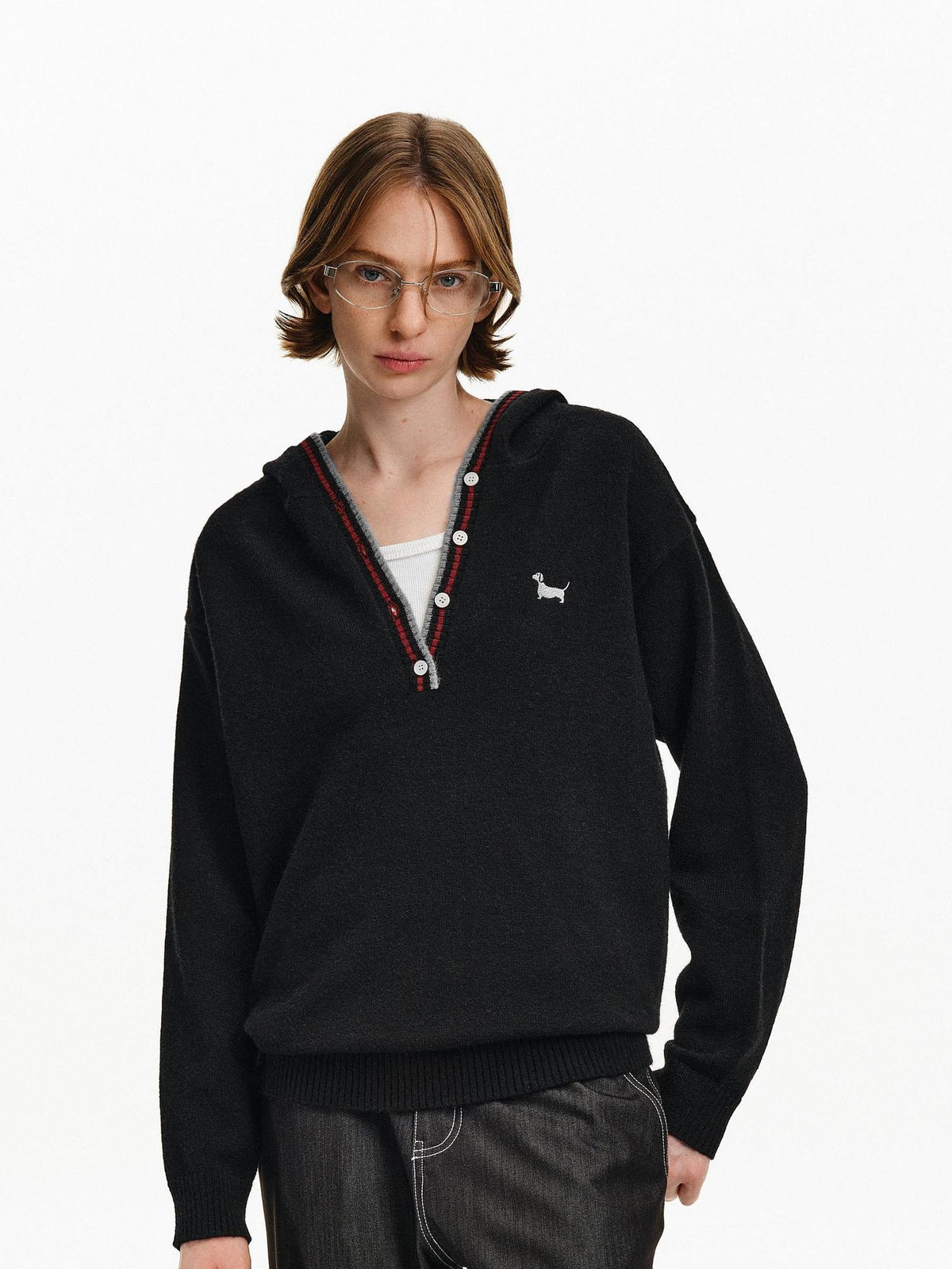 PCLP Soft Breathable Button V Neck Colorblock Hooded Midlength Unisex Knit Sweater